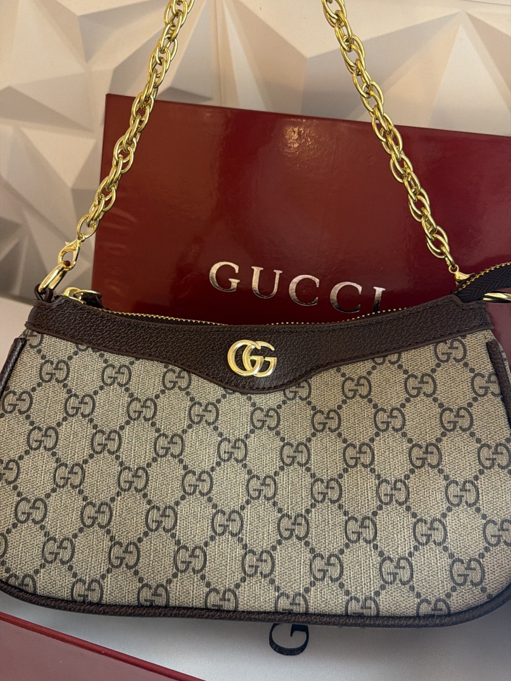 Gucci Beige/Brown GG Canvas Shoulder Bag with Gold Chain